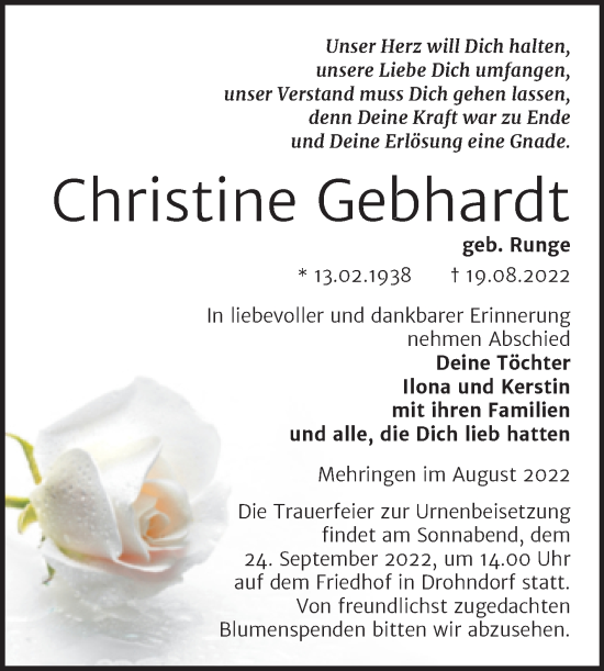 Traueranzeige von Christine Gebhardt von Trauerkombi Aschersleben
