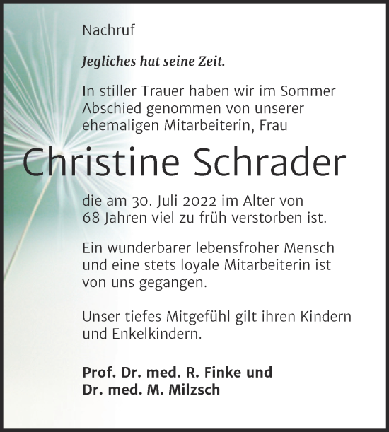Traueranzeige von Christine Schrader von Mitteldeutsche Zeitung Halle/Saalkreis