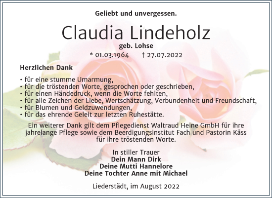 Traueranzeige von Claudia Lindeholz von Trauerkombi Merseburg