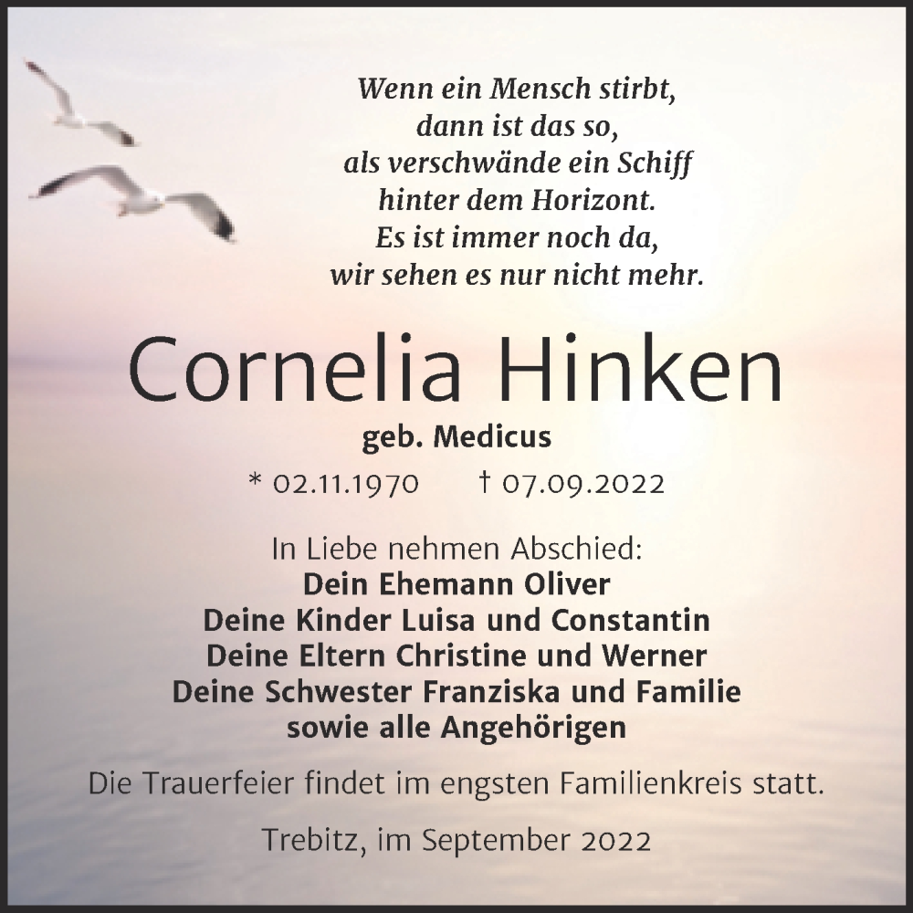  Traueranzeige für Cornelia Hinken vom 24.09.2022 aus Trauerkombi Wittenberg