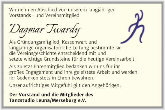 Traueranzeige von Dagmar Twardy von Trauerkombi Merseburg