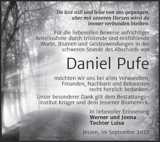 Traueranzeige von Daniel Pufe von Trauerkombi Wittenberg