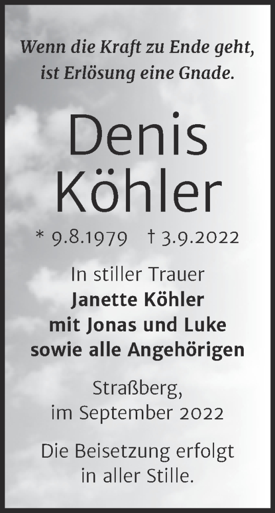 Traueranzeige von Denis Köhler von Trauerkombi Quedlinburg