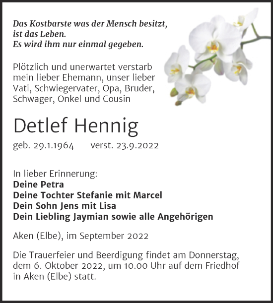 Traueranzeige von Detlef Hennig von Trauerkombi Köthen