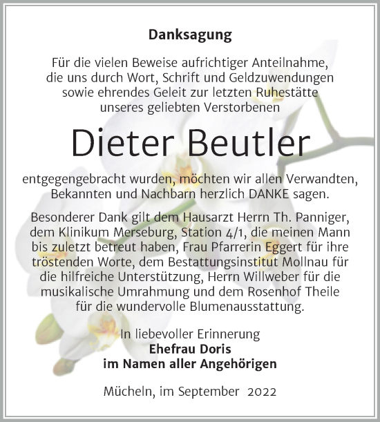Traueranzeige von Dieter Beutler von Trauerkombi Merseburg