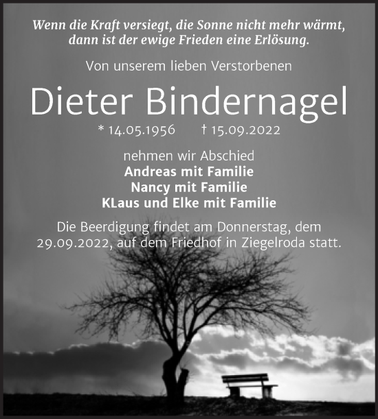 Traueranzeige von Dieter Bindernagel von Mitteldeutsche Zeitung Merseburg/Querfurt