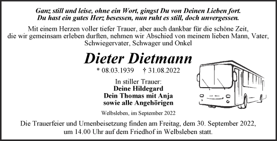 Traueranzeige von Dieter Dietmaren von Trauerkombi Mansfelder Land