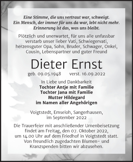 Traueranzeige von Dieter Ernst von Trauerkombi Sangerhausen