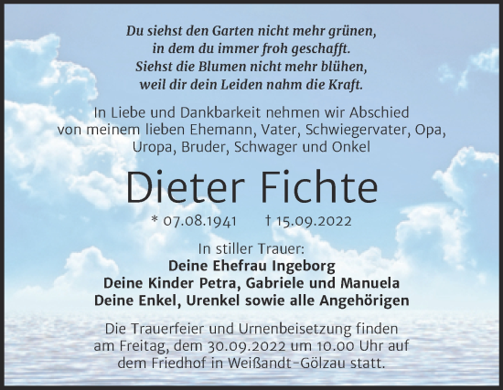 Traueranzeige von Dieter Fichte von Trauerkombi Köthen