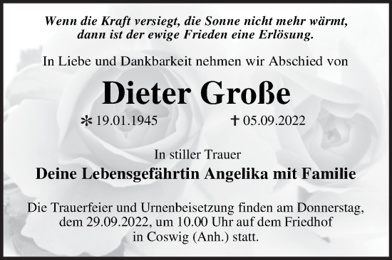 Traueranzeige von Dieter Große von Trauerkombi Wittenberg
