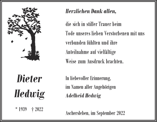 Traueranzeige von Dieter Hedwig von Trauerkombi Aschersleben