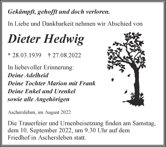 Traueranzeige von Dieter Hedwig von Trauerkombi Aschersleben