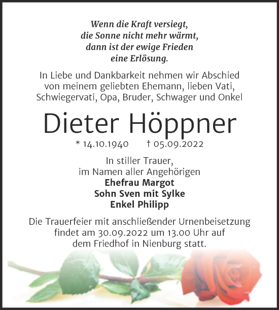 Traueranzeige von Dieter Höppner von Trauerkombi Bernburg