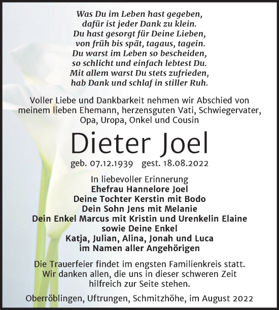 Traueranzeige von Dieter Joel von Trauerkombi Sangerhausen