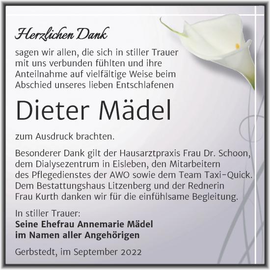 Traueranzeige von Dieter Mädel von Trauerkombi Mansfelder Land