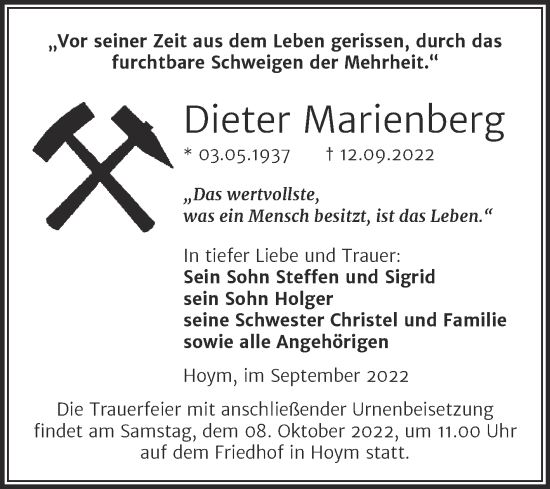 Traueranzeige von Dieter Marienberg von Trauerkombi Aschersleben