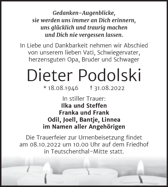 Traueranzeige von Dieter Podolski von Mitteldeutsche Zeitung Halle/Saalkreis