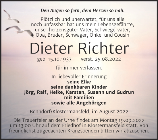 Traueranzeige von Dieter Richter von Trauerkombi Mansfelder Land