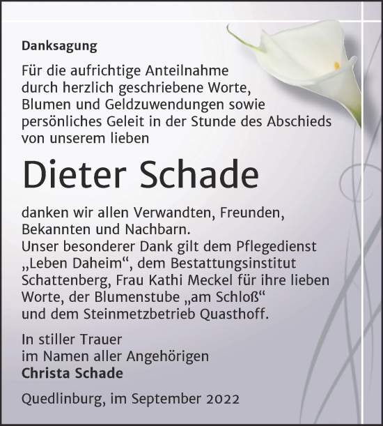 Traueranzeige von Dieter Schade von Trauerkombi Quedlinburg