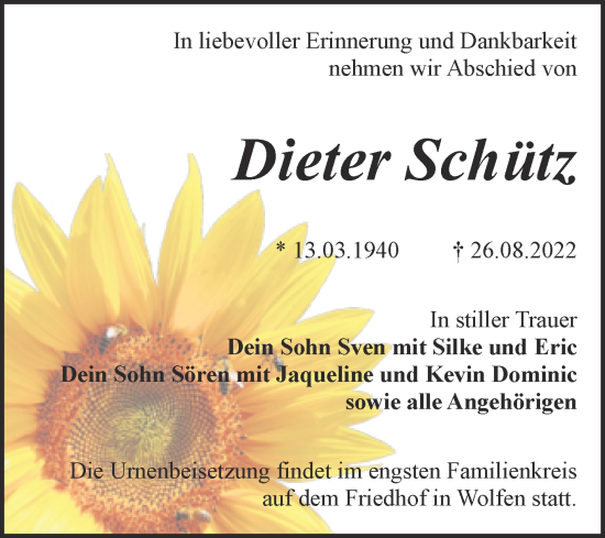 Traueranzeige von Dieter Schütz von Trauerkombi Bitterfeld
