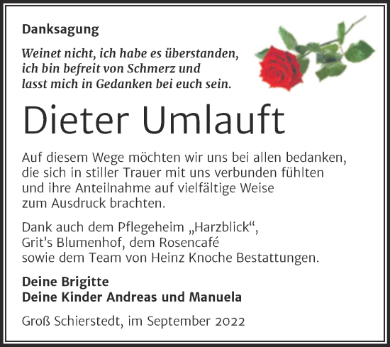 Traueranzeige von Dieter Umlauft von Trauerkombi Aschersleben