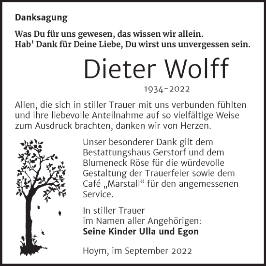 Traueranzeige von Dieter Wolff von Trauerkombi Aschersleben