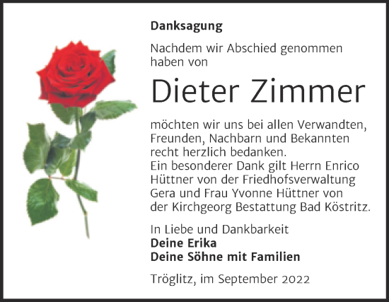 Traueranzeige von Dieter Zimmer von Trauerkombi Zeitz