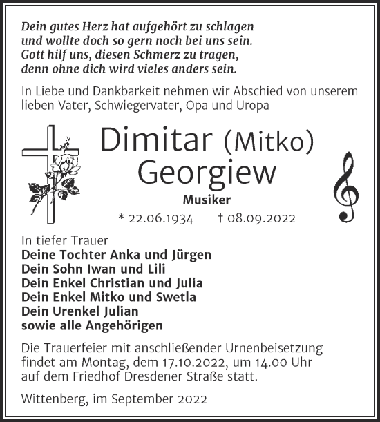 Traueranzeige von Dimitar Georgiew von Trauerkombi Wittenberg
