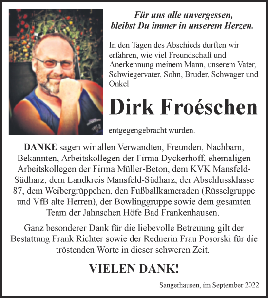 Traueranzeige von Dirk Froéschen von Trauerkombi Sangerhausen