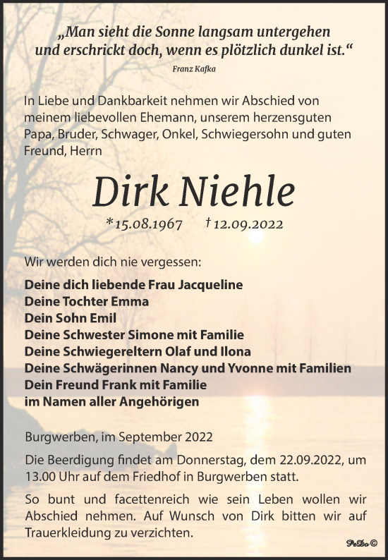 Traueranzeige von Dirk Niehle von Trauerkombi Weißenfels