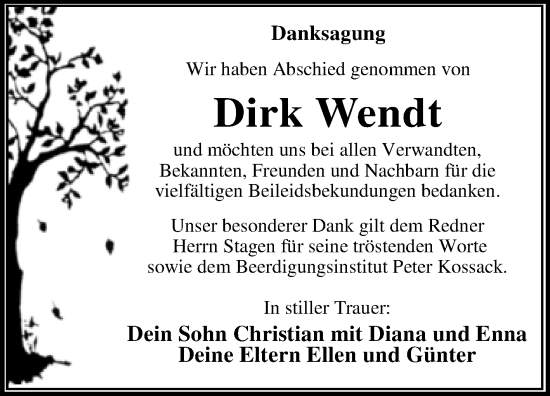 Traueranzeige von Dirk Wendt von Trauerkombi Wittenberg