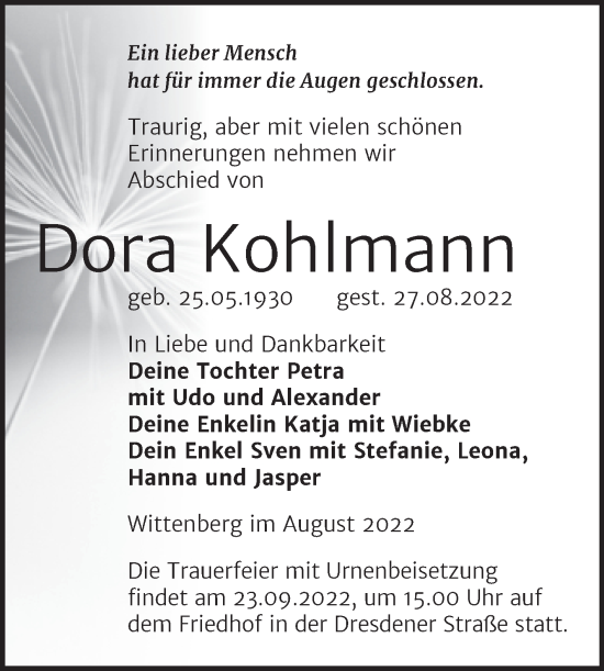 Traueranzeige von Dora Kohlmann von Trauerkombi Wittenberg