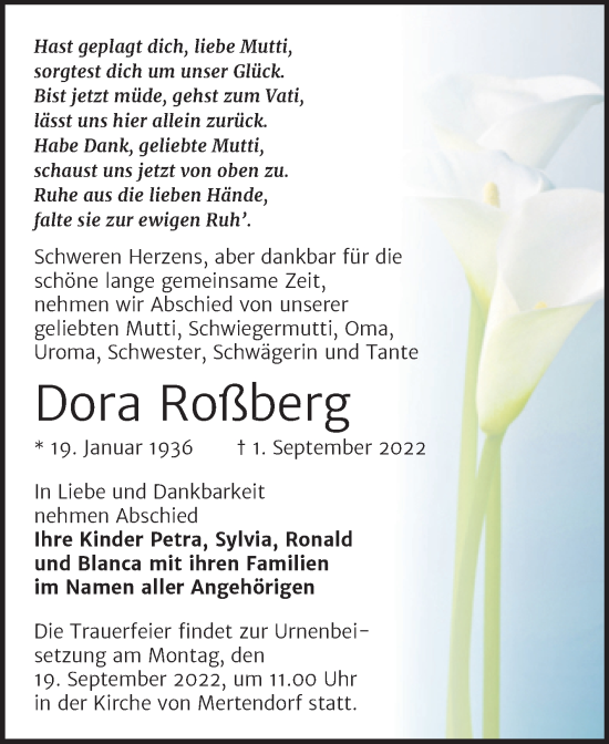 Traueranzeige von Dora Roßberg von Wochenspiegel Naumburg/Nebra