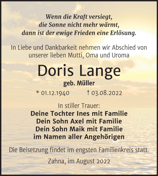 Traueranzeige von Doris Lange von Trauerkombi Wittenberg