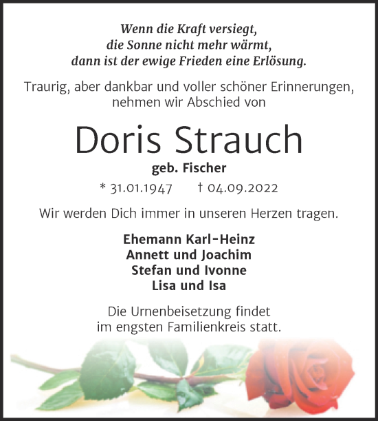 Traueranzeige von Doris Strauch von Trauerkombi Bernburg