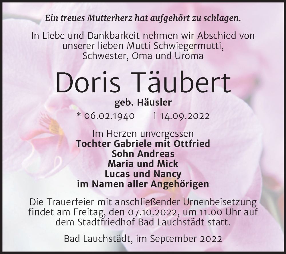  Traueranzeige für Doris Täubert vom 24.09.2022 aus Trauerkombi Merseburg