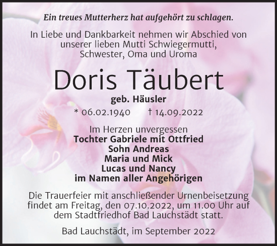Traueranzeige von Doris Täubert von Trauerkombi Merseburg