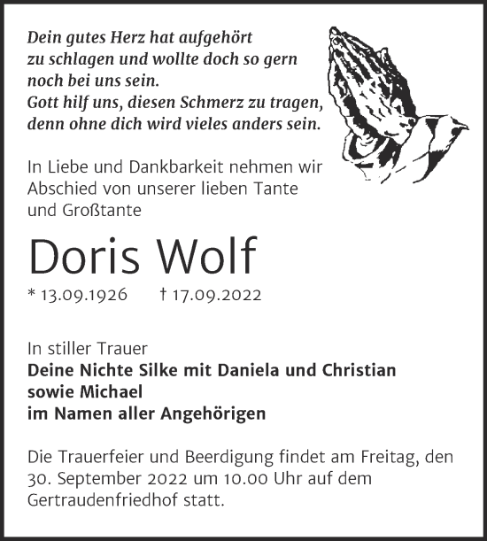 Traueranzeige von Doris Wolf von Mitteldeutsche Zeitung Halle/Saalkreis
