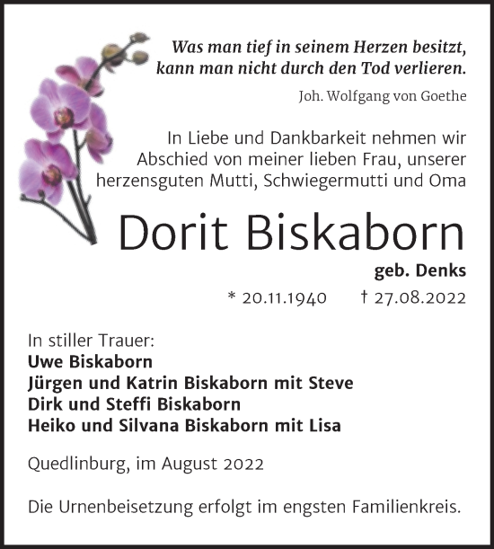 Traueranzeige von Dorit Biskaborn von Trauerkombi Quedlinburg
