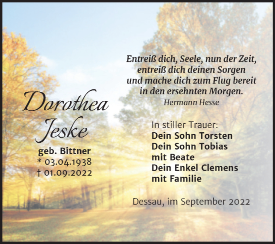 Traueranzeige von Dorothea Jeske von Trauerkombi Dessau