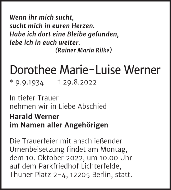 Traueranzeige von Dorothee Marie-Luise Werner von Mitteldeutsche Zeitung Halle/Saalkreis