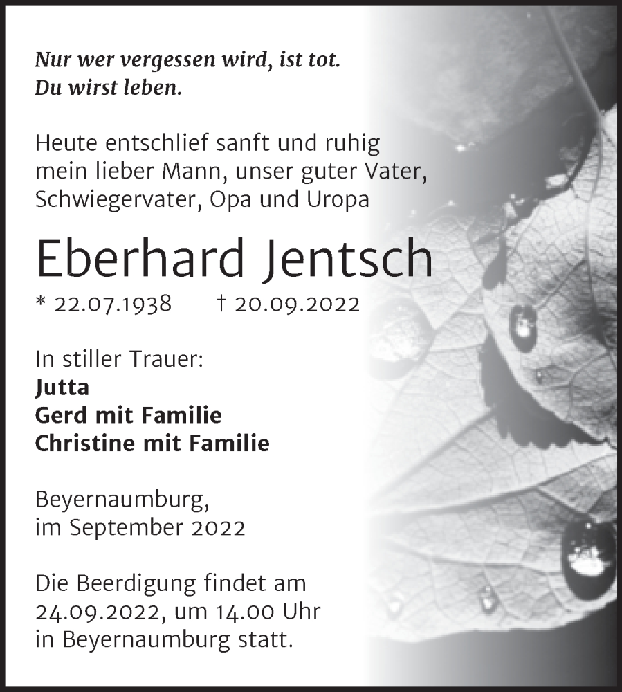  Traueranzeige für Eberhard Jentsch vom 22.09.2022 aus Mitteldeutsche Zeitung Sangerhausen