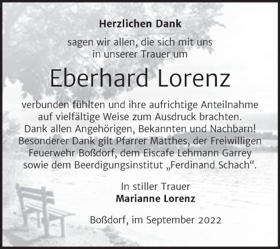 Traueranzeige von Eberhard Lorenz von Trauerkombi Wittenberg