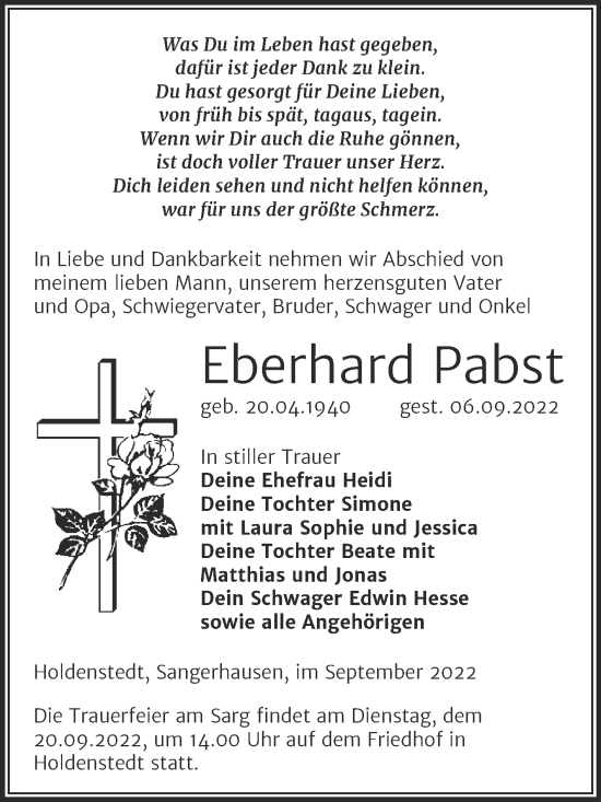 Traueranzeige von Eberhard Pabst von Trauerkombi Sangerhausen