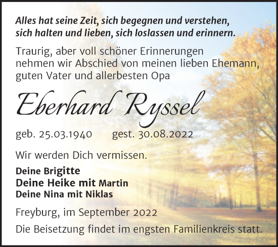 Traueranzeige von Eberhard Ryssel von Wochenspiegel Naumburg/Nebra