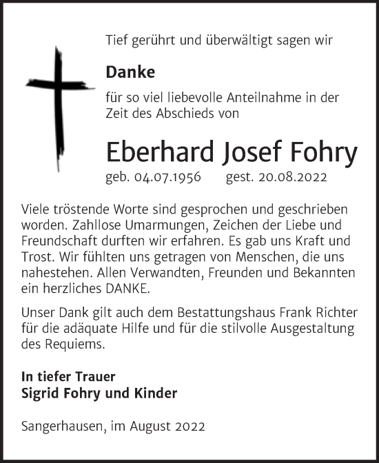 Traueranzeige von Eberhard Josef Fohry von Trauerkombi Sangerhausen