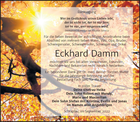 Traueranzeige von Eckhard Damm von Trauerkombi Merseburg