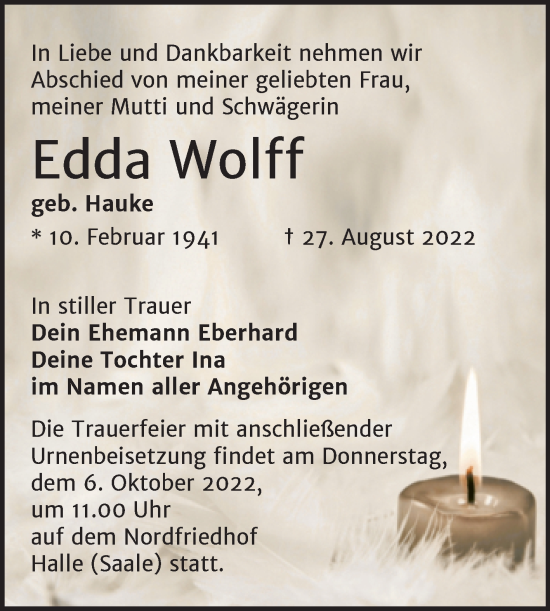 Traueranzeige von Edda Wolff von Mitteldeutsche Zeitung Halle/Saalkreis