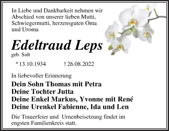 Traueranzeige von Edeltraud Leps von Trauerkombi Dessau
