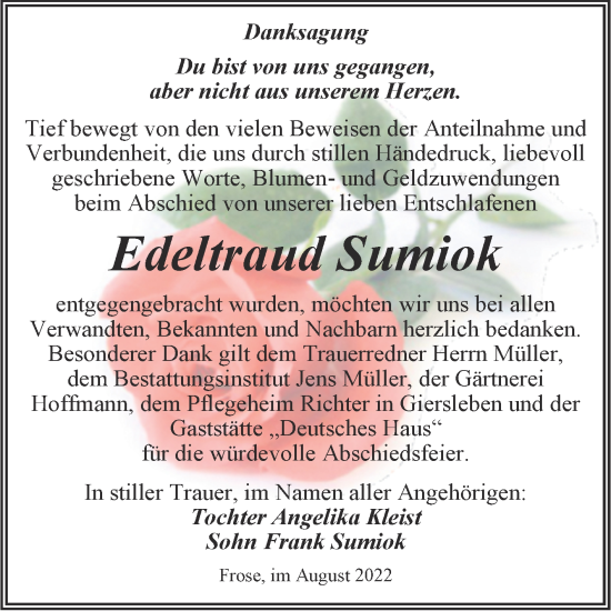 Traueranzeige von Edeltraud Sumiok von Trauerkombi Aschersleben